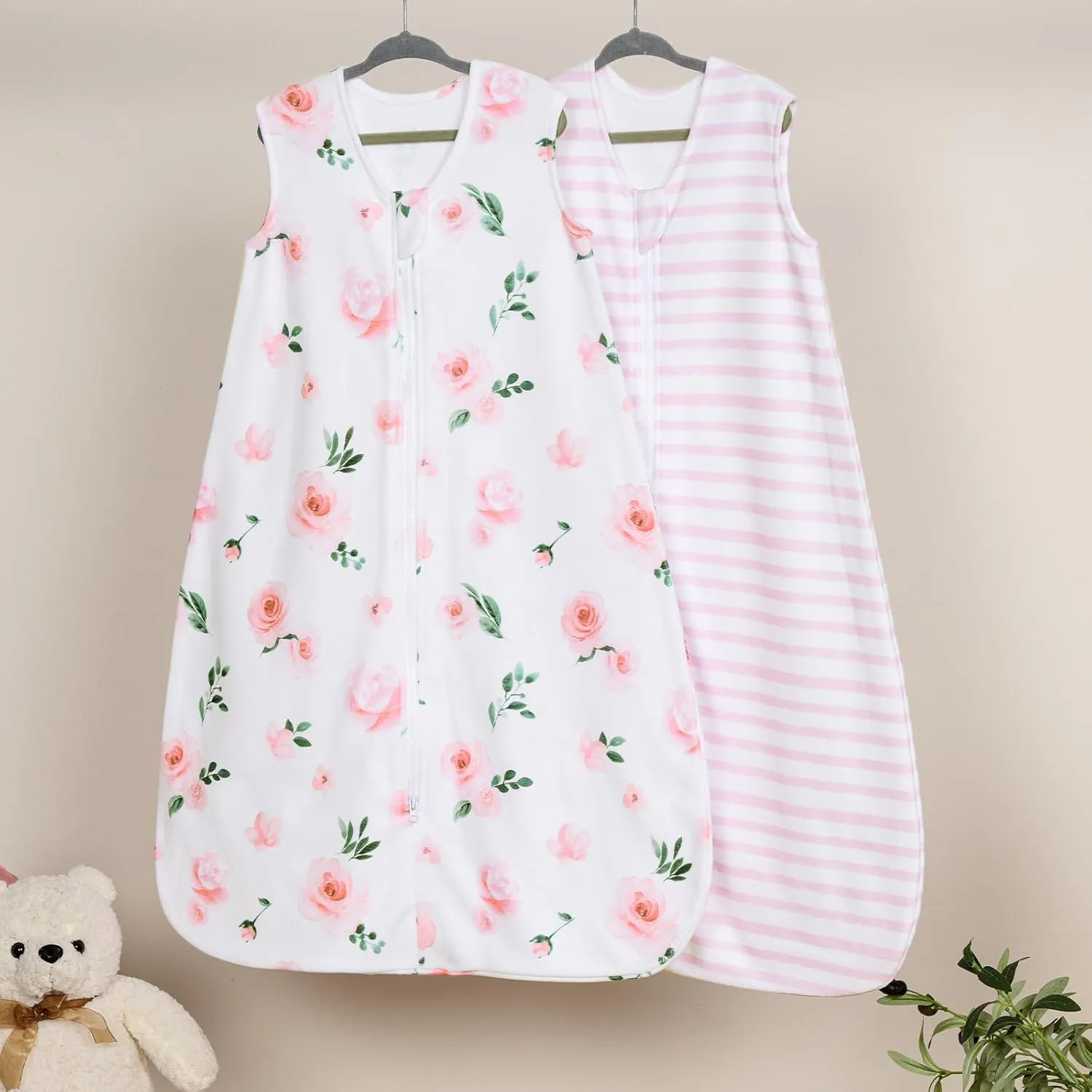 david's kids Micro Fleece Baby Sleep Sack 18-24 Months, Soft Warm Baby Wearable Blankets with 2-Way Zipper, 2 Pack Comfy Sleeping Bags for Toddler Girls Neutral, X-Large Size, Floral Flowers