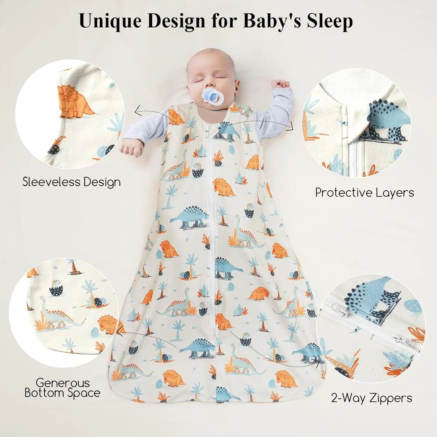 david's kids Micro Fleece Baby Sleep Sack 6-12 Months, Soft Warm Baby Wearable Blankets with 2-Way Zipper, 2 Pack Comfy Sleeping Bags for Infant Newborn Boys Girls Neutral, Medium Size, Dinosaur