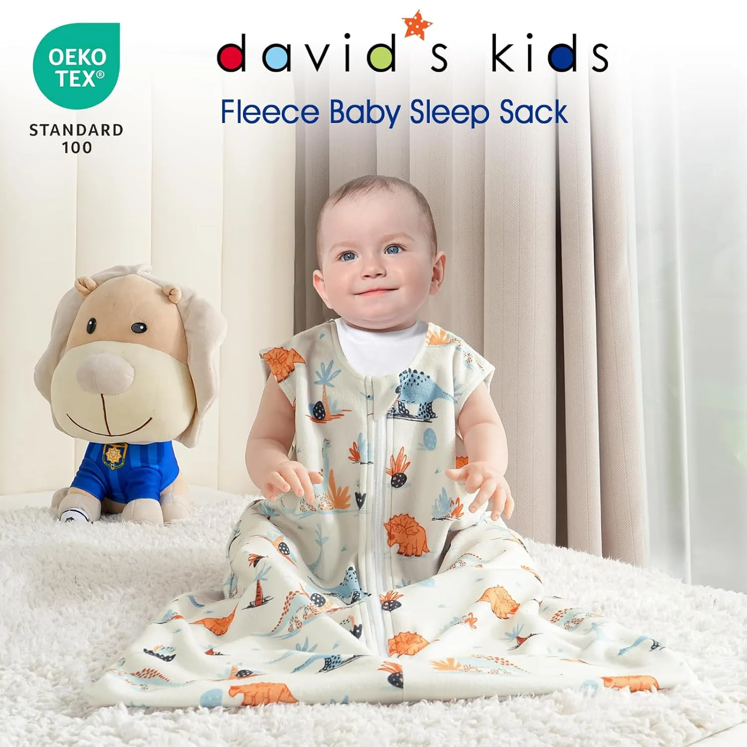 david's kids Micro Fleece Baby Sleep Sack 6-12 Months, Soft Warm Baby Wearable Blankets with 2-Way Zipper, 2 Pack Comfy Sleeping Bags for Infant Newborn Boys Girls Neutral, Medium Size, Dinosaur