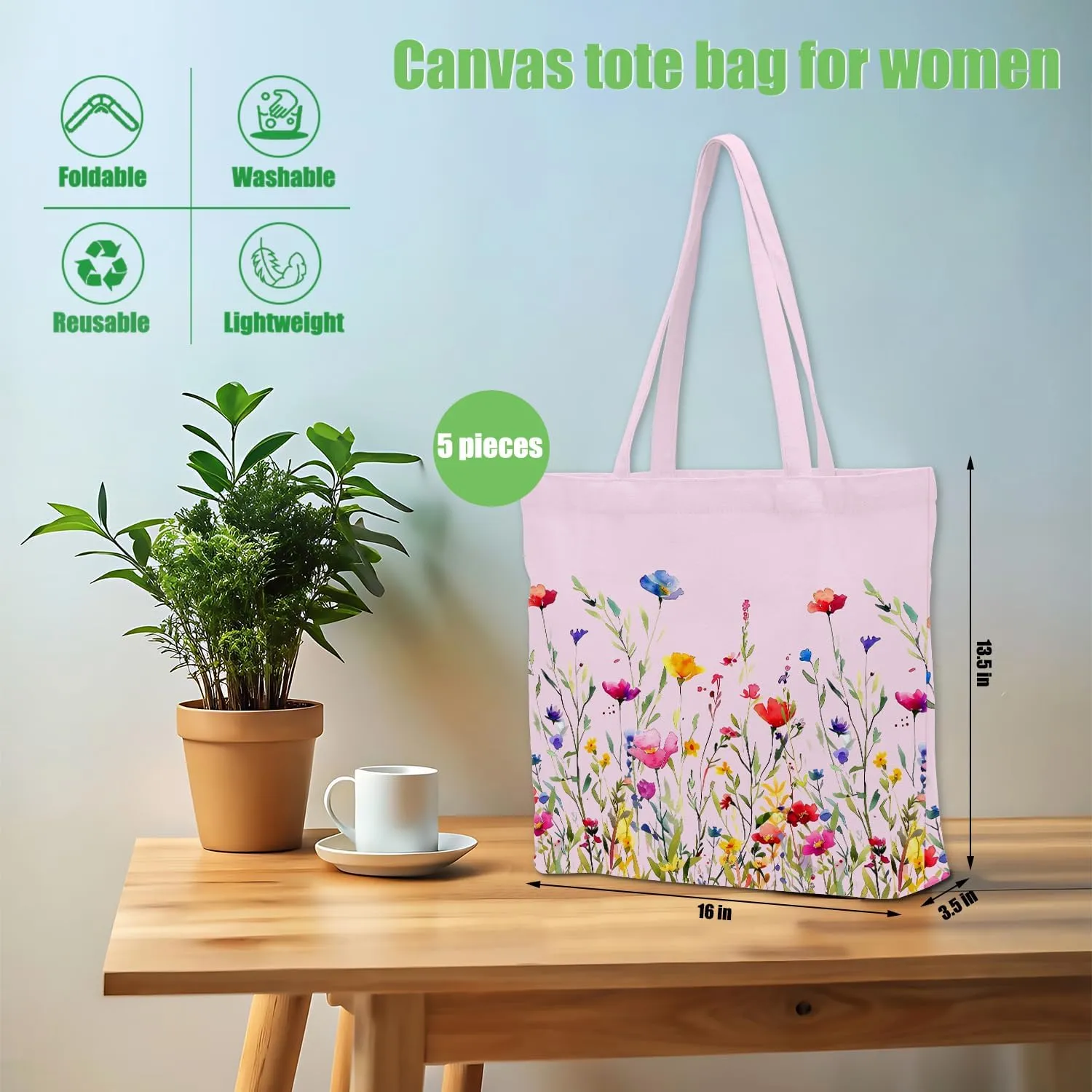 Decohim Multiple Packs Floral Japanese Print Canvas Tote Bag Reusable Grocery Bags Gifts for Women Girls Birthday Christmas