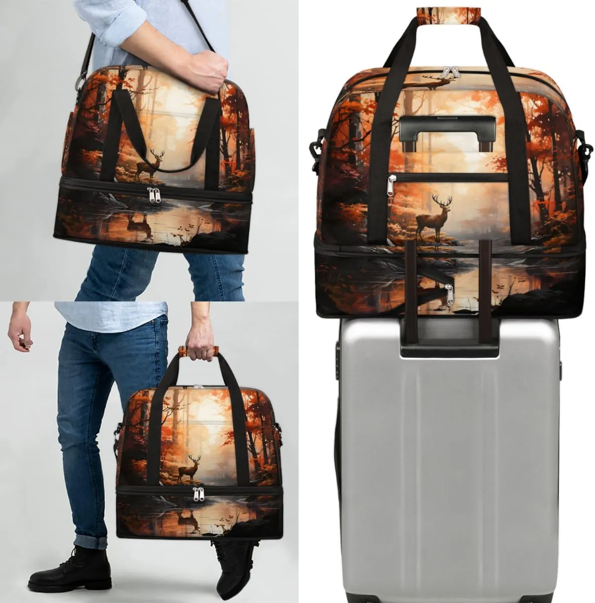 Deer Animal Print Foldable Travel Duffel Bag Overnight Weekender Bag with Shoes Compartment Sports Gym Bag for Men Women