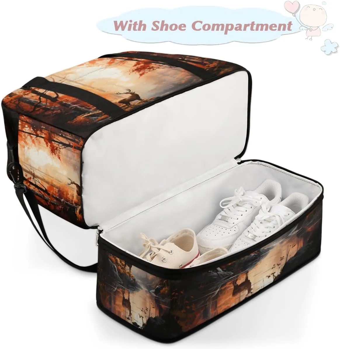 Deer Animal Print Foldable Travel Duffel Bag Overnight Weekender Bag with Shoes Compartment Sports Gym Bag for Men Women