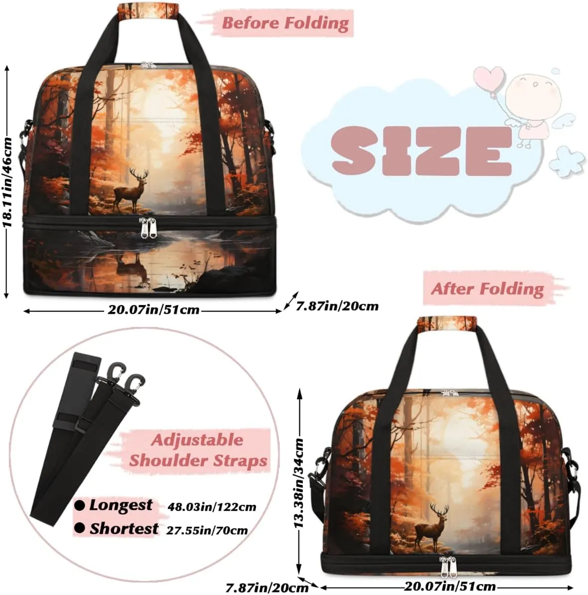 Deer Animal Print Foldable Travel Duffel Bag Overnight Weekender Bag with Shoes Compartment Sports Gym Bag for Men Women