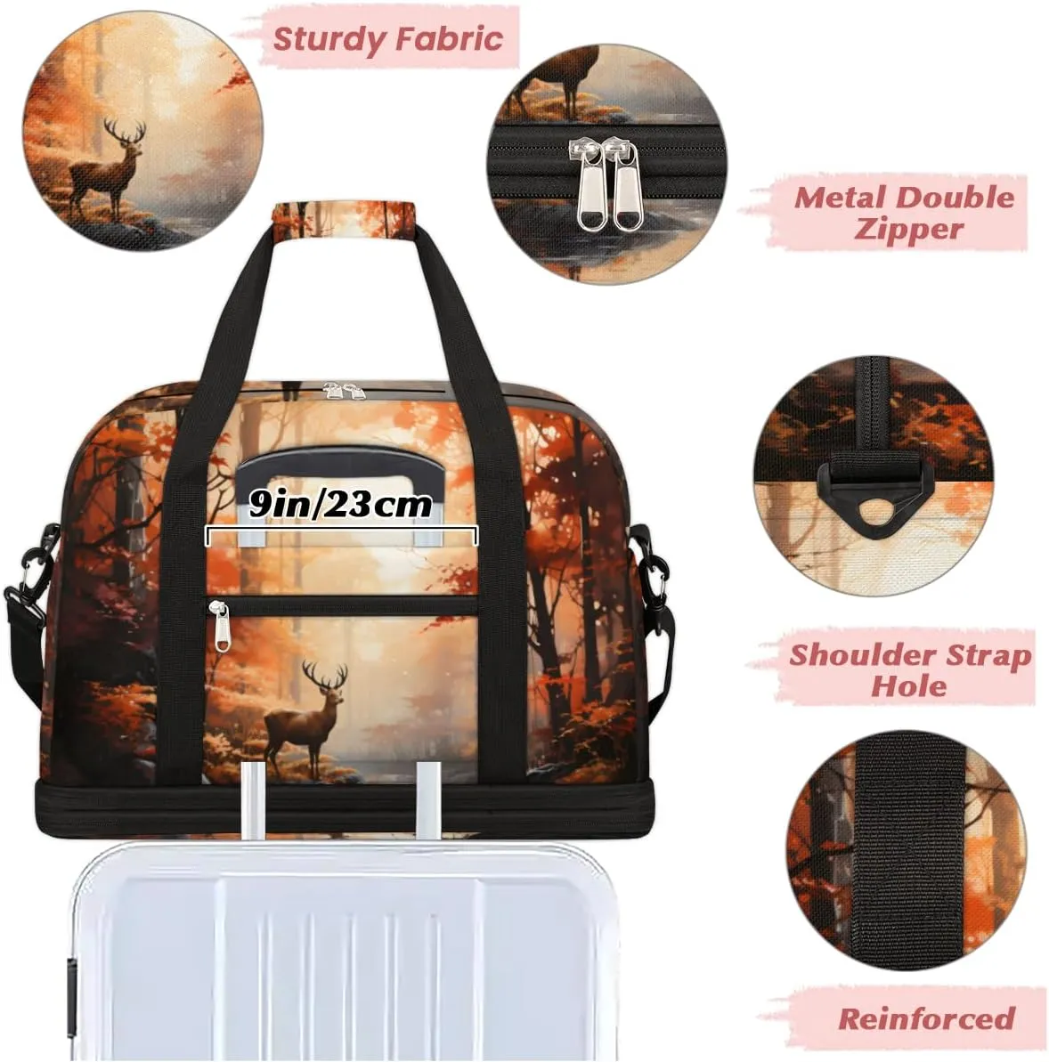 Deer Animal Print Foldable Travel Duffel Bag Overnight Weekender Bag with Shoes Compartment Sports Gym Bag for Men Women