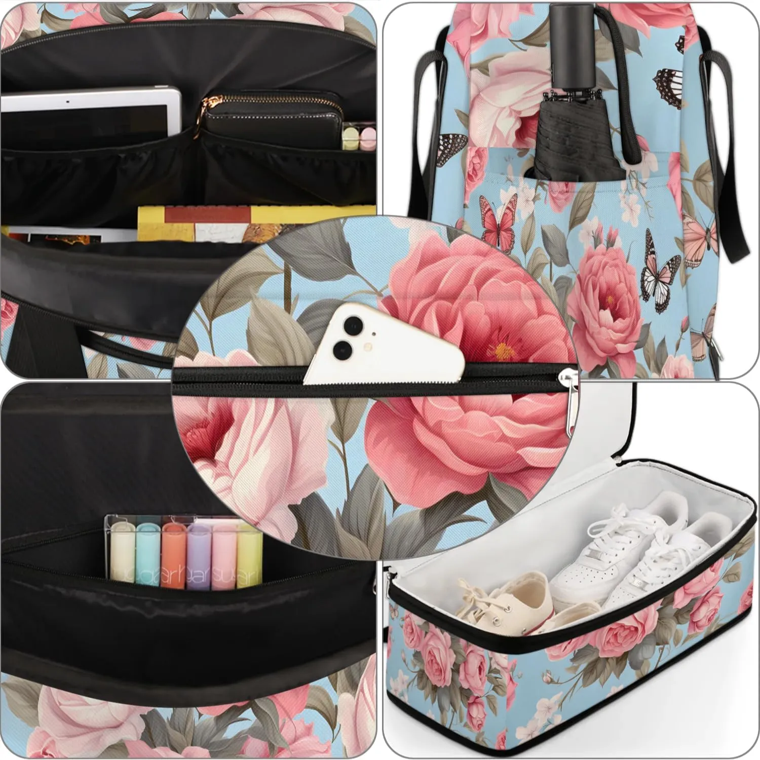 Delicate Print Retro Flower Travel Duffle Bag, Collapsible Travel Bag Sports Gym Bag With Shoes Compartment Weekender Bag Overnight Bag For Women Men