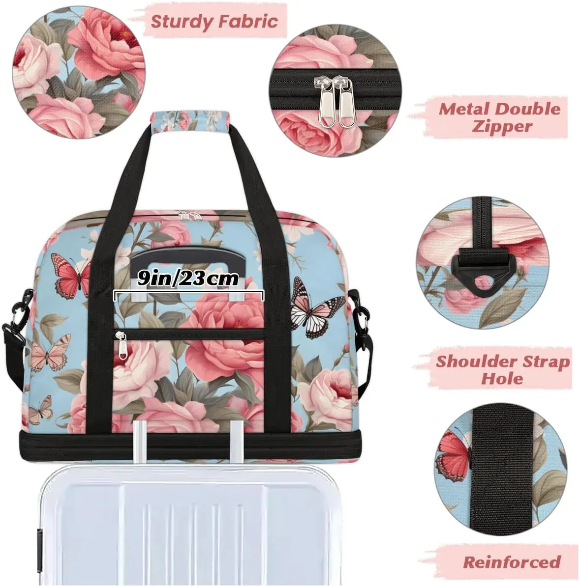Delicate Print Retro Flower Travel Duffle Bag, Collapsible Travel Bag Sports Gym Bag With Shoes Compartment Weekender Bag Overnight Bag For Women Men