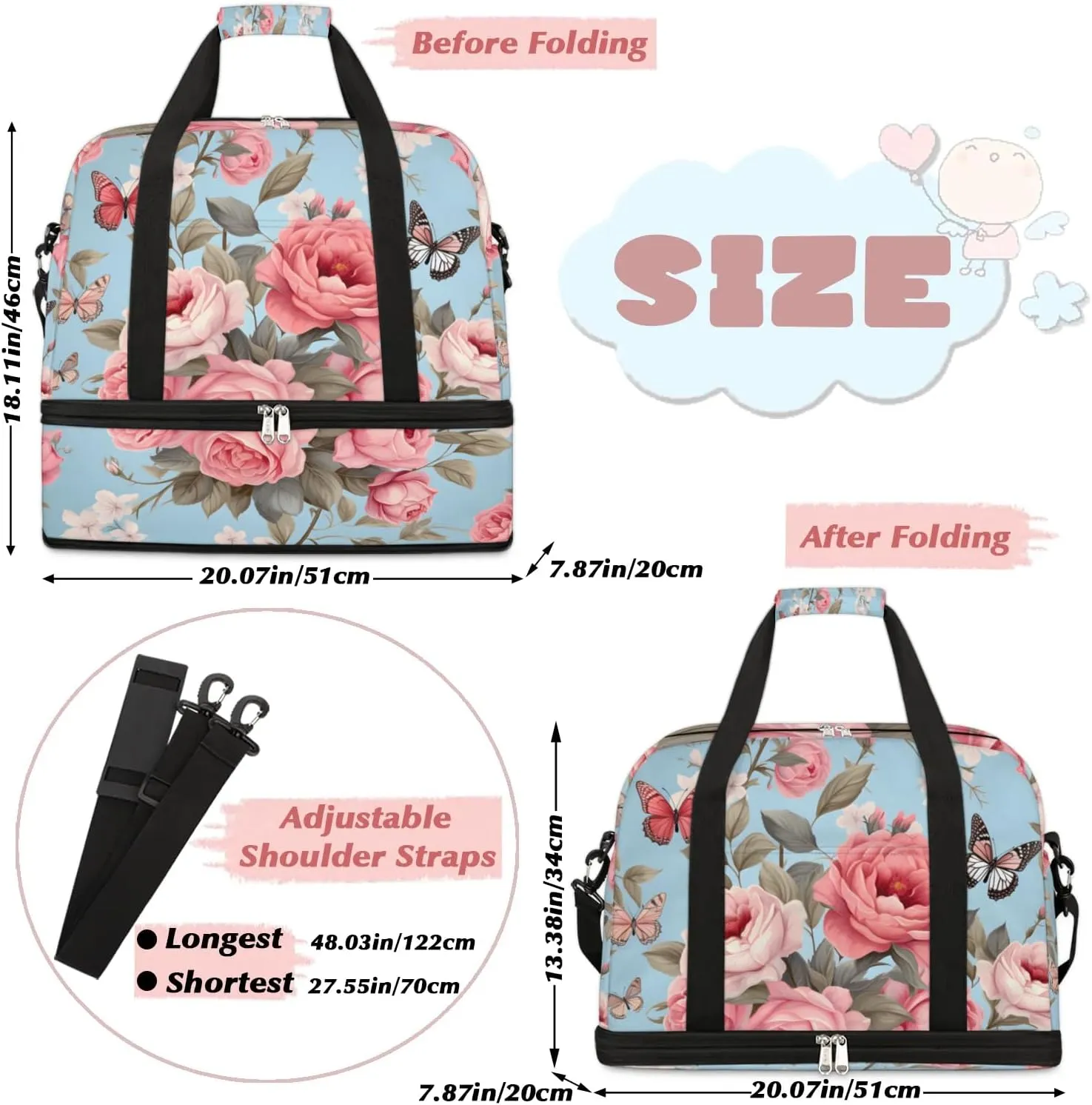 Delicate Print Retro Flower Travel Duffle Bag, Collapsible Travel Bag Sports Gym Bag With Shoes Compartment Weekender Bag Overnight Bag For Women Men