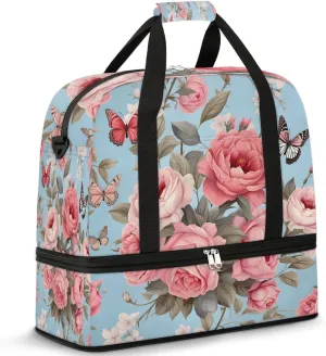 Delicate Print Retro Flower Travel Duffle Bag, Collapsible Travel Bag Sports Gym Bag With Shoes Compartment Weekender Bag Overnight Bag For Women Men