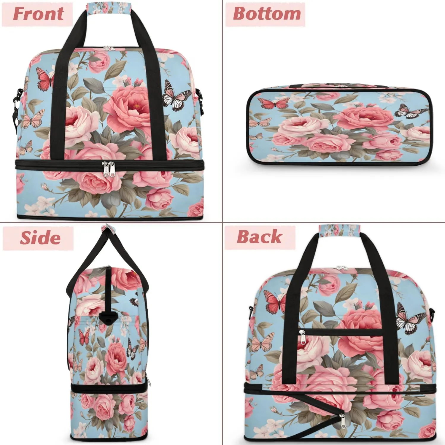 Delicate Print Retro Flower Travel Duffle Bag, Collapsible Travel Bag Sports Gym Bag With Shoes Compartment Weekender Bag Overnight Bag For Women Men
