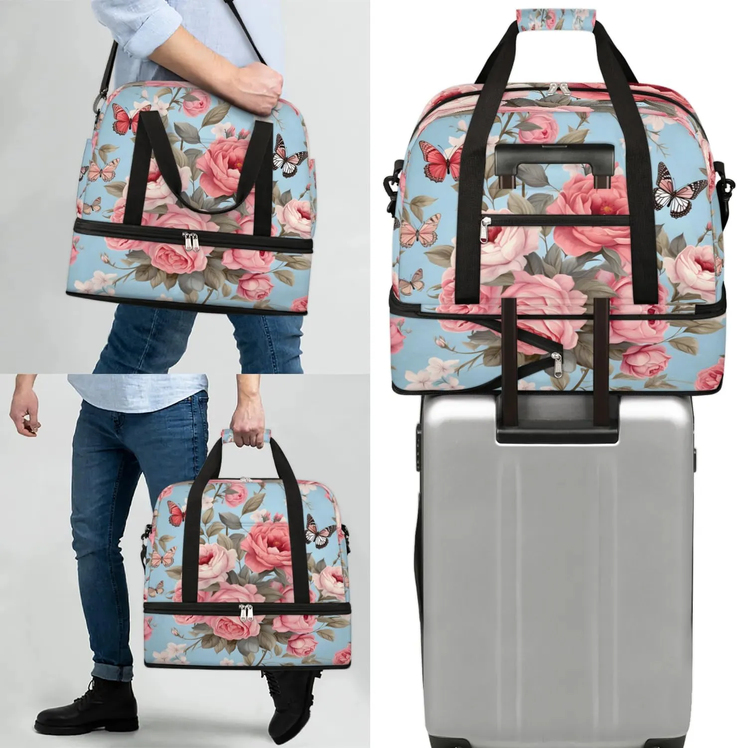 Delicate Print Retro Flower Travel Duffle Bag, Collapsible Travel Bag Sports Gym Bag With Shoes Compartment Weekender Bag Overnight Bag For Women Men