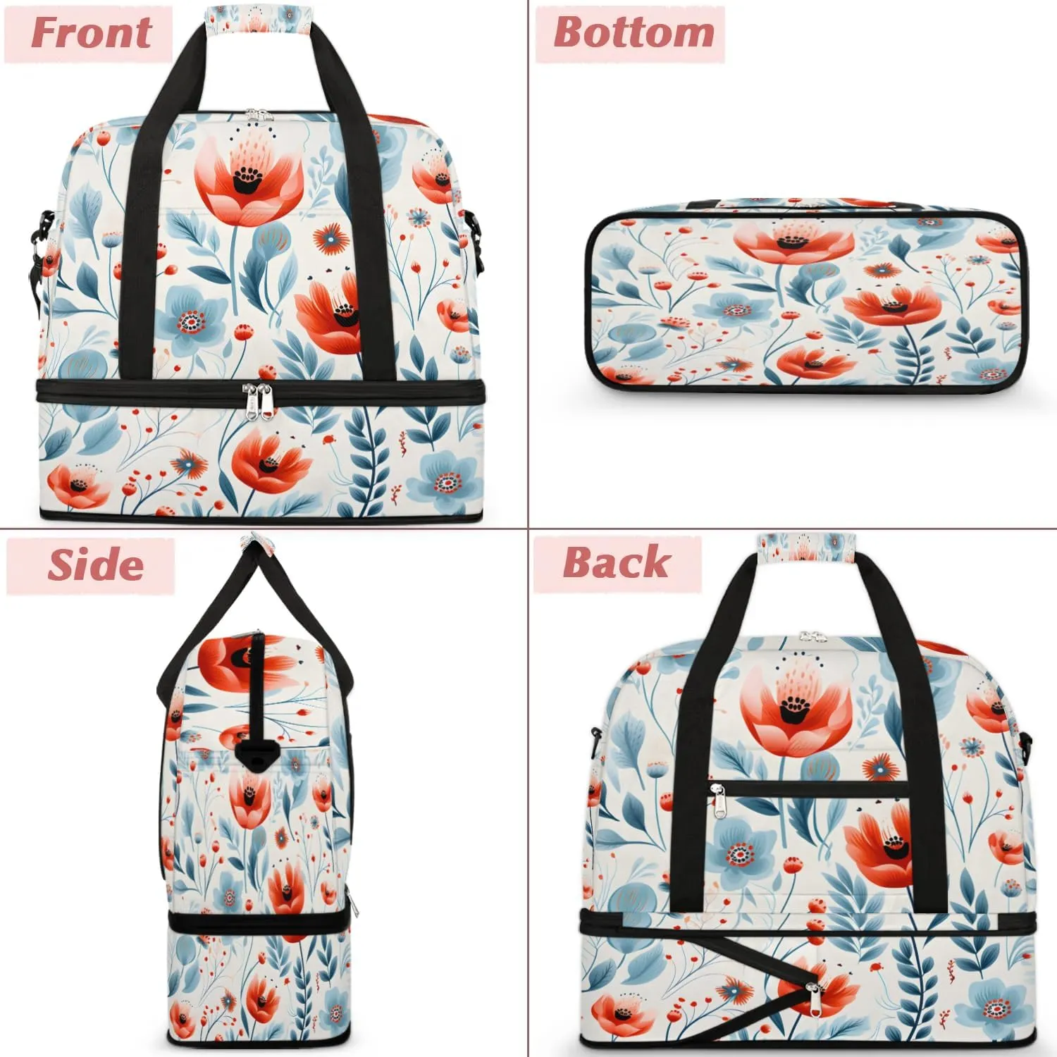 Delicate Print Retro Flowers Travel Duffle Bag, Collapsible Travel Bag Sports Gym Bag With Shoes Compartment Weekender Bag Overnight Bag For Women Men
