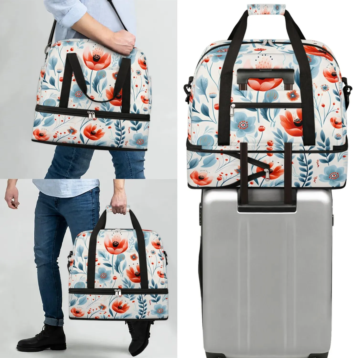 Delicate Print Retro Flowers Travel Duffle Bag, Collapsible Travel Bag Sports Gym Bag With Shoes Compartment Weekender Bag Overnight Bag For Women Men