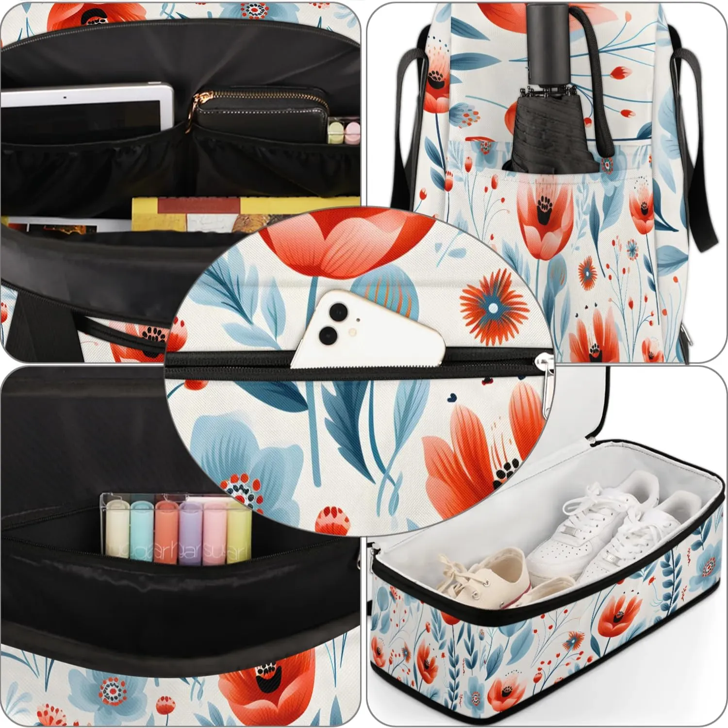 Delicate Print Retro Flowers Travel Duffle Bag, Collapsible Travel Bag Sports Gym Bag With Shoes Compartment Weekender Bag Overnight Bag For Women Men