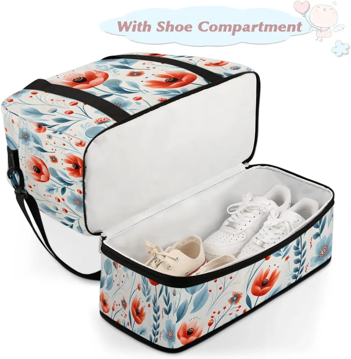 Delicate Print Retro Flowers Travel Duffle Bag, Collapsible Travel Bag Sports Gym Bag With Shoes Compartment Weekender Bag Overnight Bag For Women Men