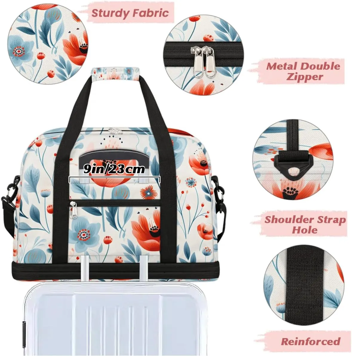 Delicate Print Retro Flowers Travel Duffle Bag, Collapsible Travel Bag Sports Gym Bag With Shoes Compartment Weekender Bag Overnight Bag For Women Men