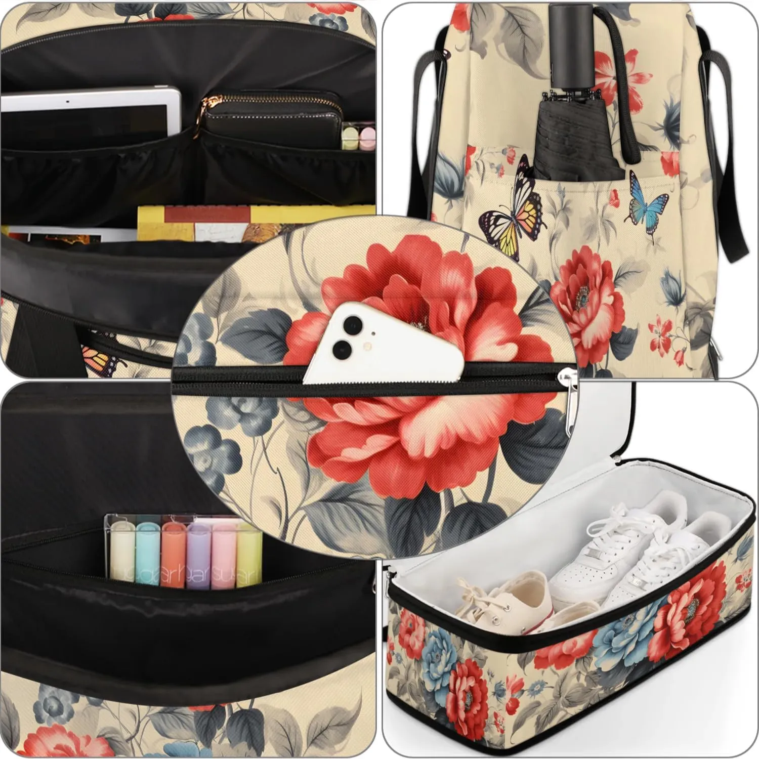 Delicate Retro Flora Print Travel Duffle Bag, Collapsible Travel Bag Sports Gym Bag With Shoes Compartment Weekender Bag Overnight Bag For Women Men