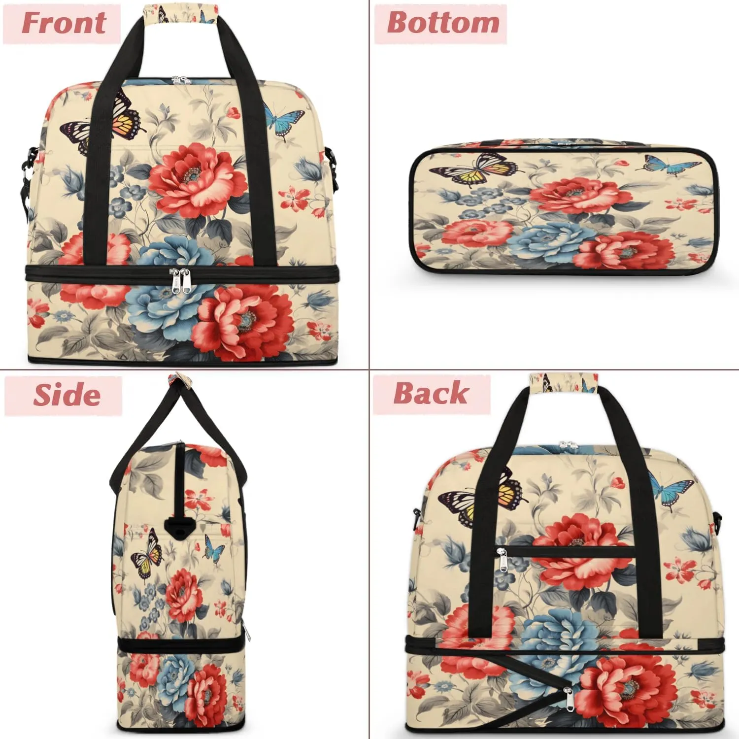 Delicate Retro Flora Print Travel Duffle Bag, Collapsible Travel Bag Sports Gym Bag With Shoes Compartment Weekender Bag Overnight Bag For Women Men