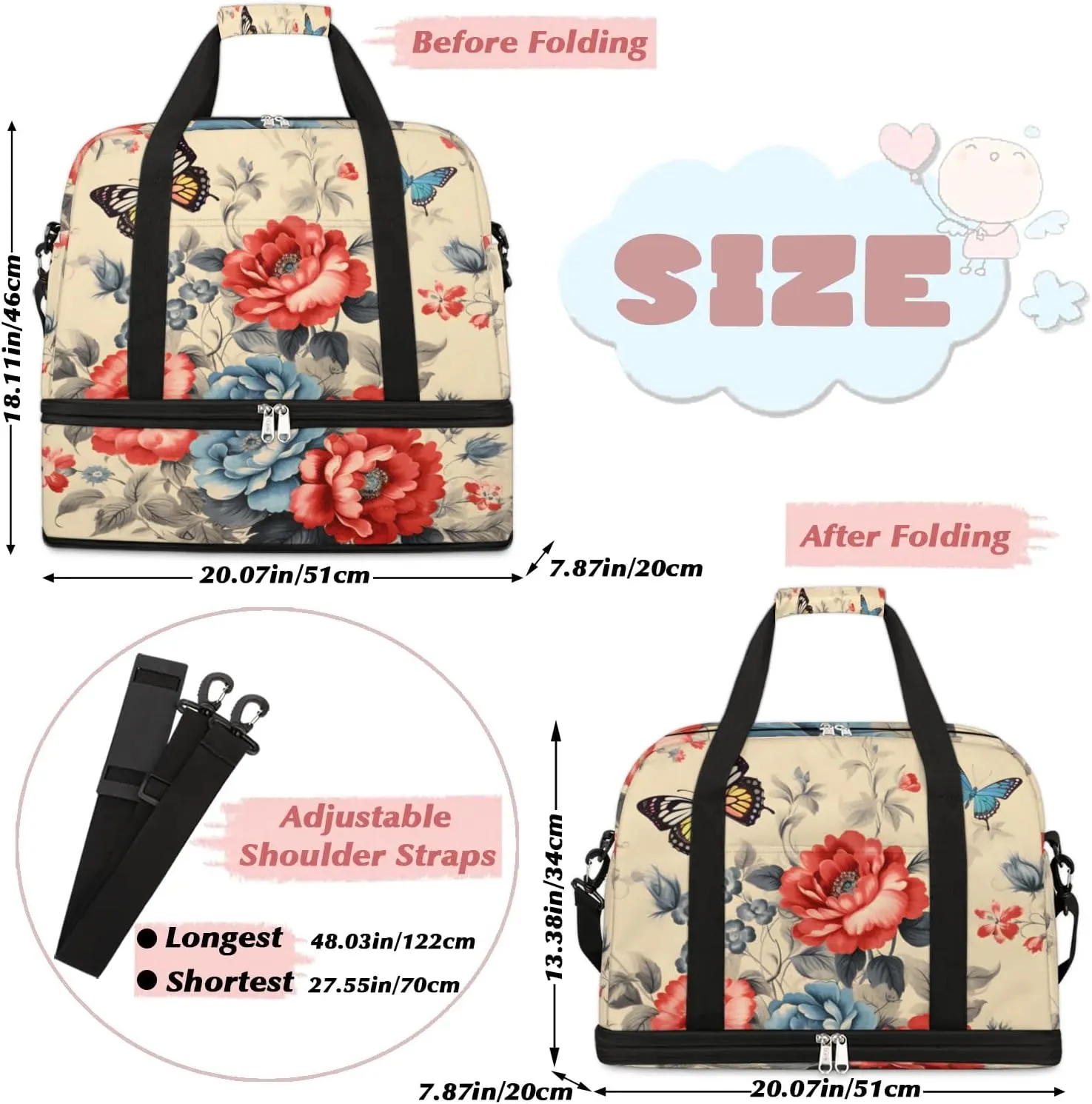Delicate Retro Flora Print Travel Duffle Bag, Collapsible Travel Bag Sports Gym Bag With Shoes Compartment Weekender Bag Overnight Bag For Women Men