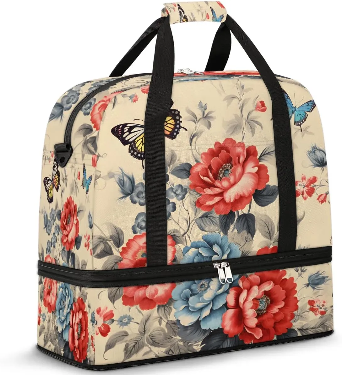 Delicate Retro Flora Print Travel Duffle Bag, Collapsible Travel Bag Sports Gym Bag With Shoes Compartment Weekender Bag Overnight Bag For Women Men