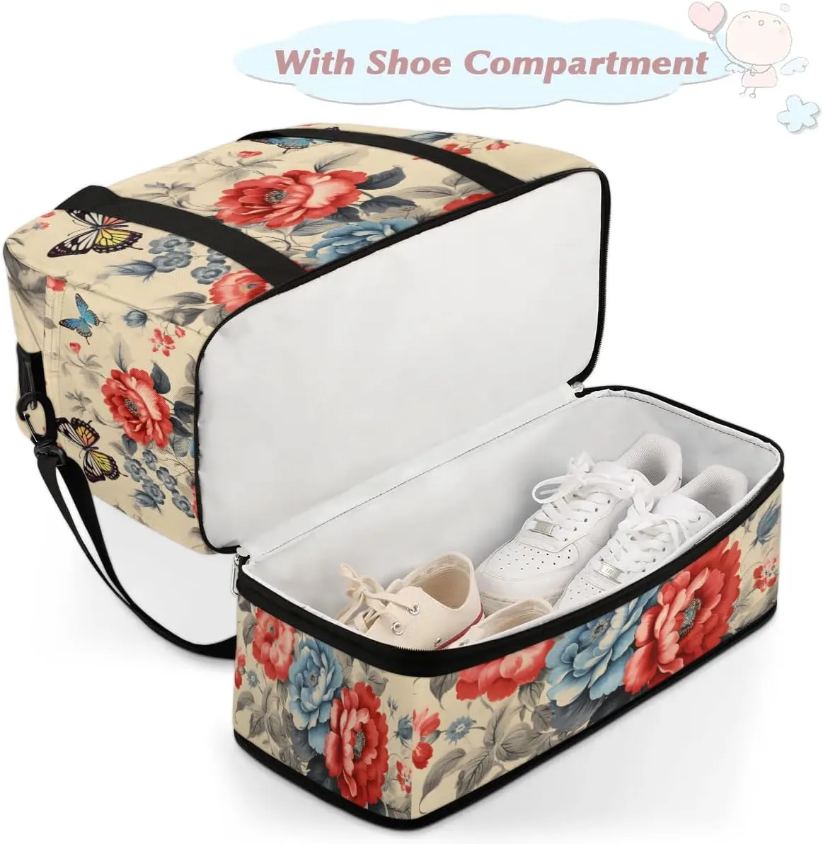 Delicate Retro Flora Print Travel Duffle Bag, Collapsible Travel Bag Sports Gym Bag With Shoes Compartment Weekender Bag Overnight Bag For Women Men