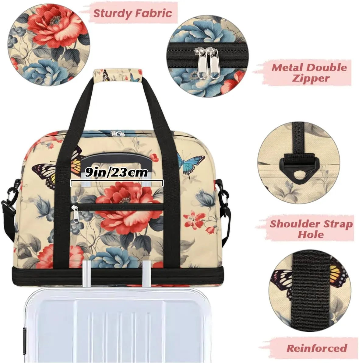 Delicate Retro Flora Print Travel Duffle Bag, Collapsible Travel Bag Sports Gym Bag With Shoes Compartment Weekender Bag Overnight Bag For Women Men