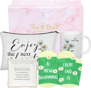 Dingion 6 Pcs Coworker New Beginnings Box Gifts for Women Daisy New Chapter Promotion Going Away Farewell Gift Fun Crew Socks Mug Cosmetic Bag Jewelry Dish Lucky Goodbye Box for Congratulations Lady