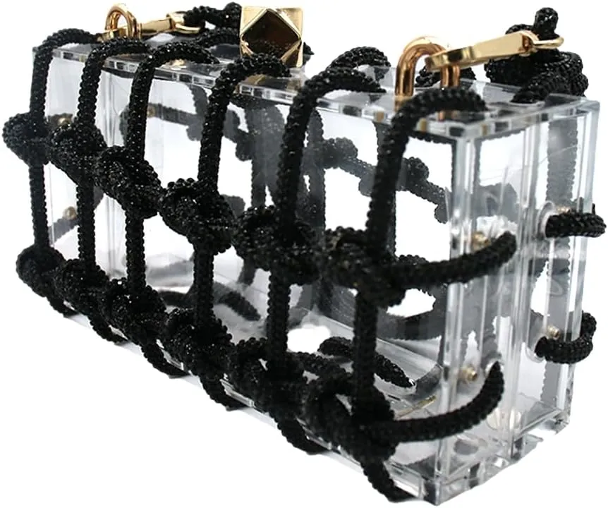 DJBM Clear Acrylic Clutch Sparkle Rhinestone Evening Bag Glitter Crystal-Embellished Rope Knot Handbag Purse for Party Prom