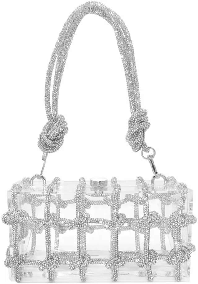DJBM Clear Acrylic Clutch Sparkle Rhinestone Evening Bag Glitter Crystal-Embellished Rope Knot Handbag Purse for Party Prom