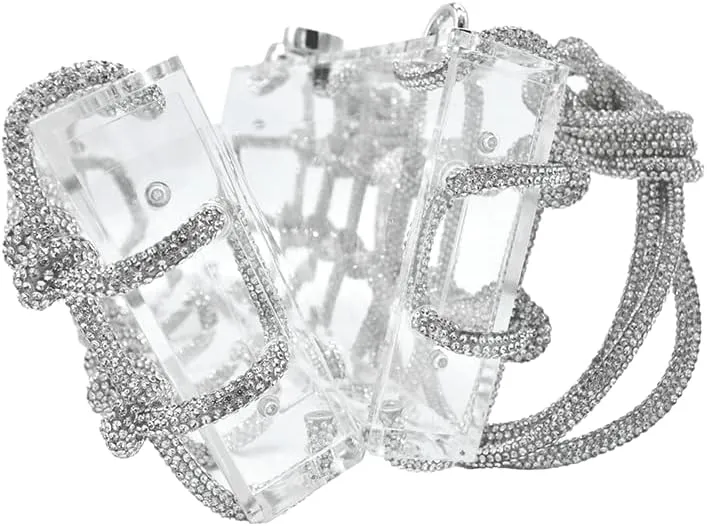 DJBM Clear Acrylic Clutch Sparkle Rhinestone Evening Bag Glitter Crystal-Embellished Rope Knot Handbag Purse for Party Prom