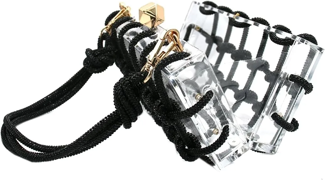 DJBM Clear Acrylic Clutch Sparkle Rhinestone Evening Bag Glitter Crystal-Embellished Rope Knot Handbag Purse for Party Prom