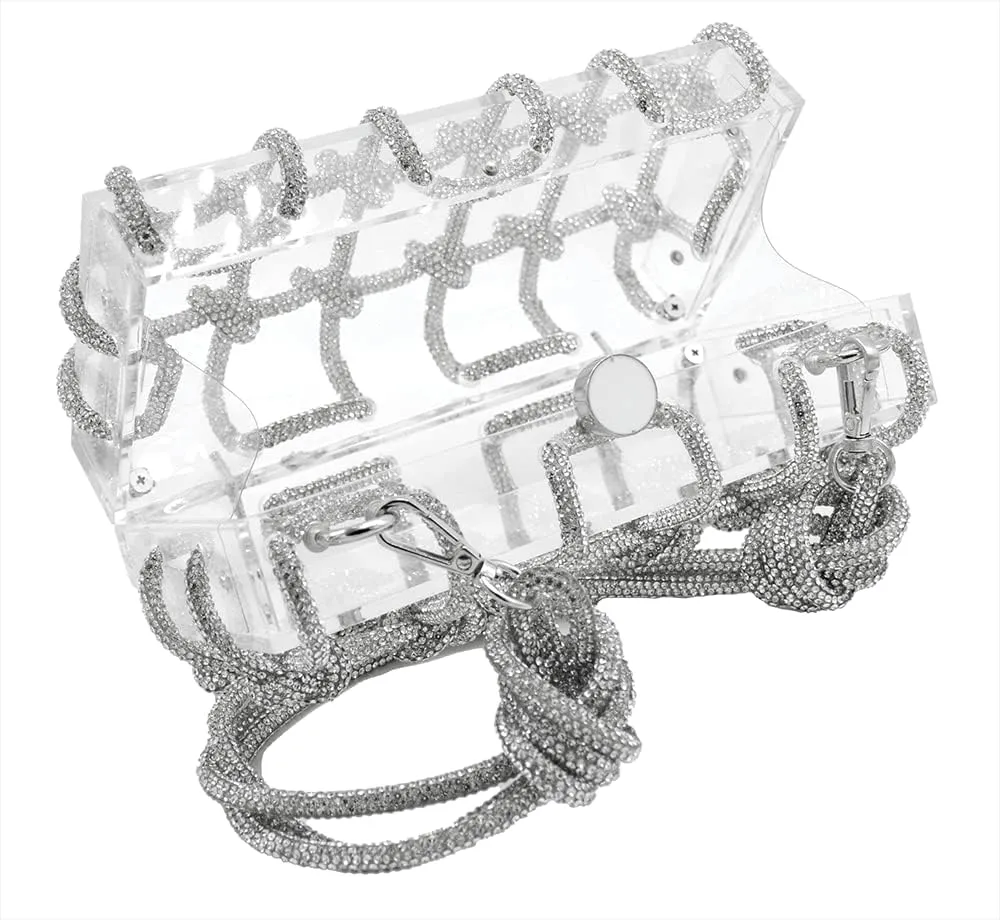 DJBM Clear Acrylic Clutch Sparkle Rhinestone Evening Bag Glitter Crystal-Embellished Rope Knot Handbag Purse for Party Prom