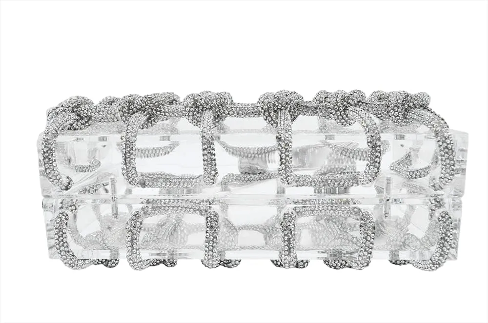 DJBM Clear Acrylic Clutch Sparkle Rhinestone Evening Bag Glitter Crystal-Embellished Rope Knot Handbag Purse for Party Prom