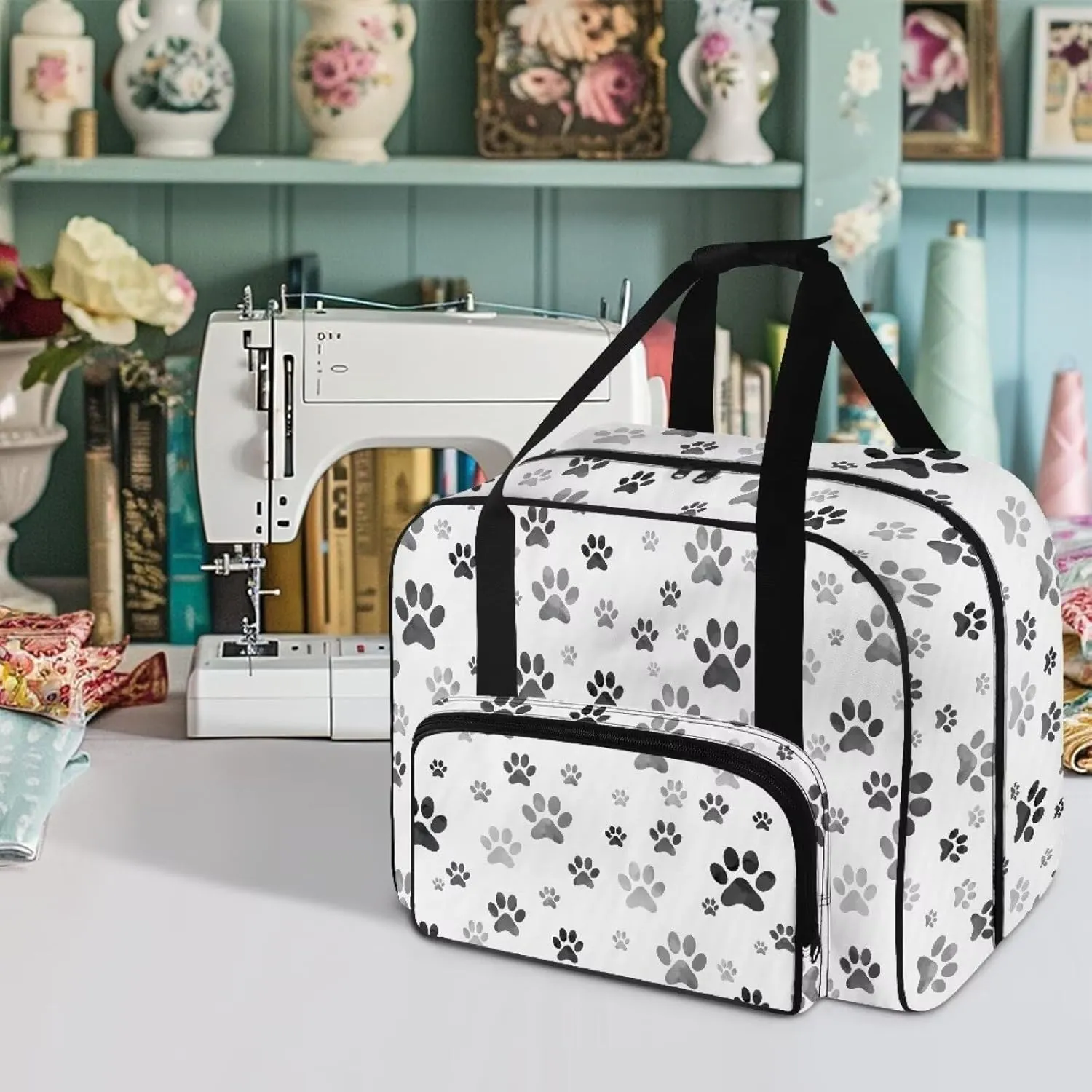 Dog Paw American Home Sewing Bag Tote Bag Organizer Sewing Supplies and Accessories，Fits Most Sewing Machines