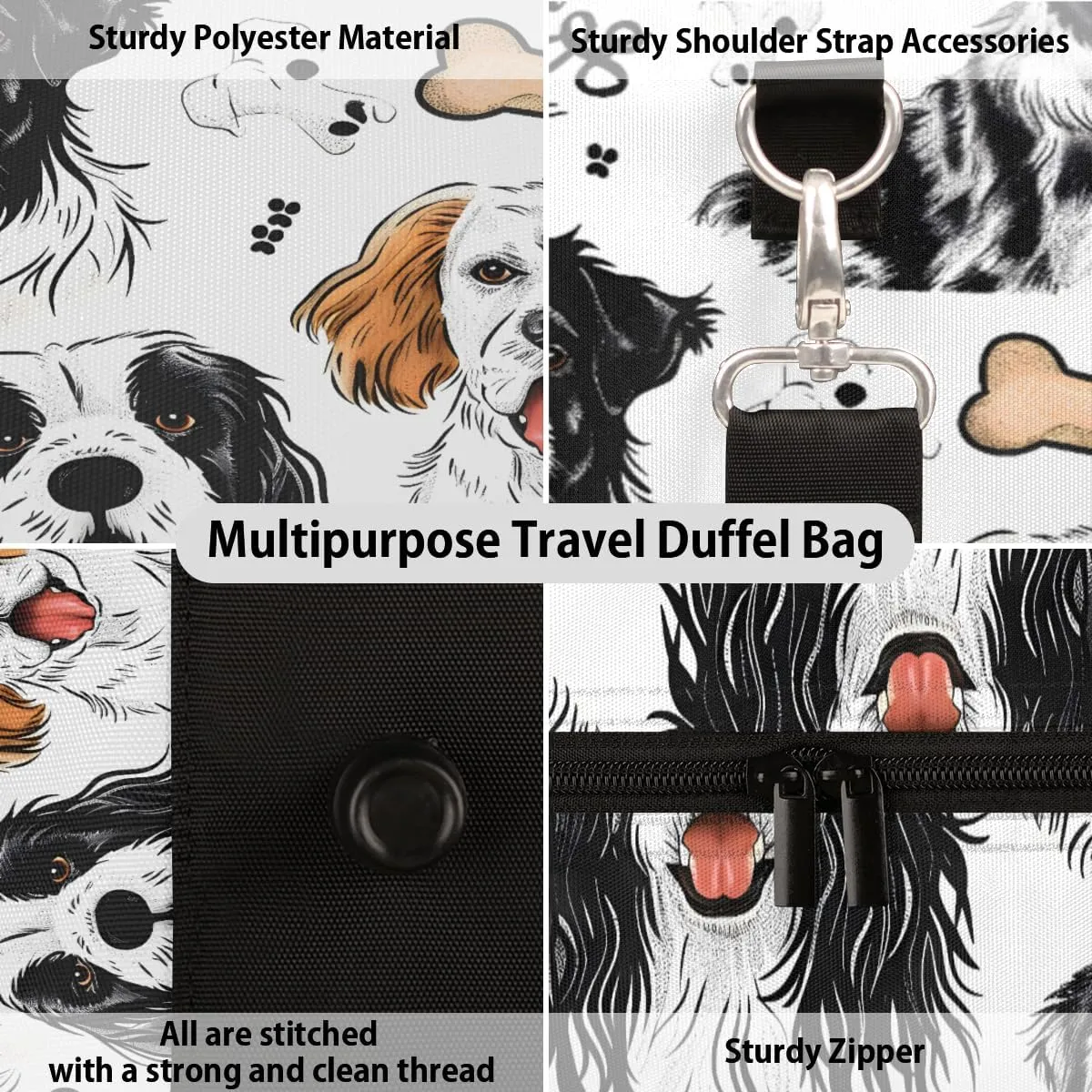 Dog Print Travel Duffle Bag, Sports Gym Bags for Women Men, Carry On Weekender Overnight Workout Airplane Trips Bag