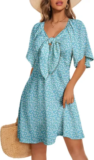 Dokotoo Dresses for Women 2025 Floral V Neck Boho Mini Dress Summer Boho Dress Vacation Beach