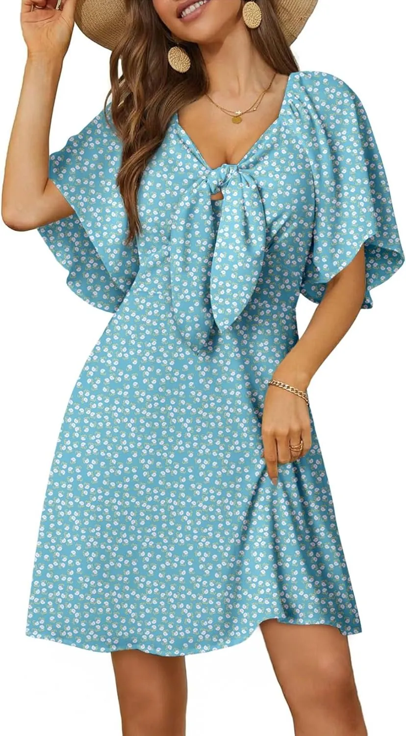Dokotoo Dresses for Women 2025 Floral V Neck Boho Mini Dress Summer Boho Dress Vacation Beach