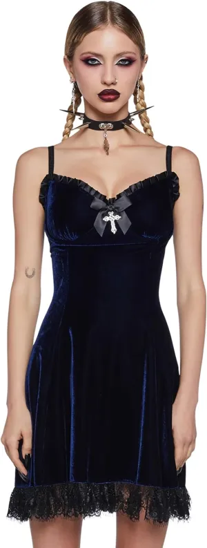 Dolls Kill Blind Faith Velvet Dress by Widow – Velvet Mini Dress with Lace Trim and Cross Design for Dark Romantic Fashion