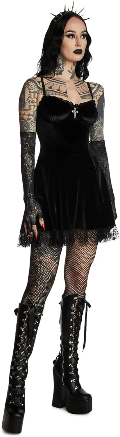 Dolls Kill Blind Faith Velvet Dress by Widow – Velvet Mini Dress with Lace Trim and Cross Design for Dark Romantic Fashion
