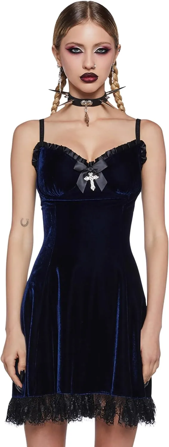 Dolls Kill Blind Faith Velvet Dress by Widow – Velvet Mini Dress with Lace Trim and Cross Design for Dark Romantic Fashion