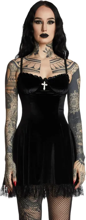 Dolls Kill Blind Faith Velvet Dress by Widow – Velvet Mini Dress with Lace Trim and Cross Design for Dark Romantic Fashion