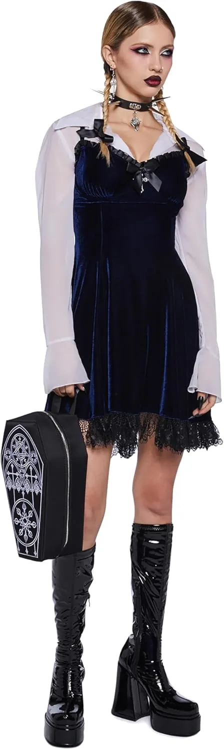 Dolls Kill Blind Faith Velvet Dress by Widow – Velvet Mini Dress with Lace Trim and Cross Design for Dark Romantic Fashion