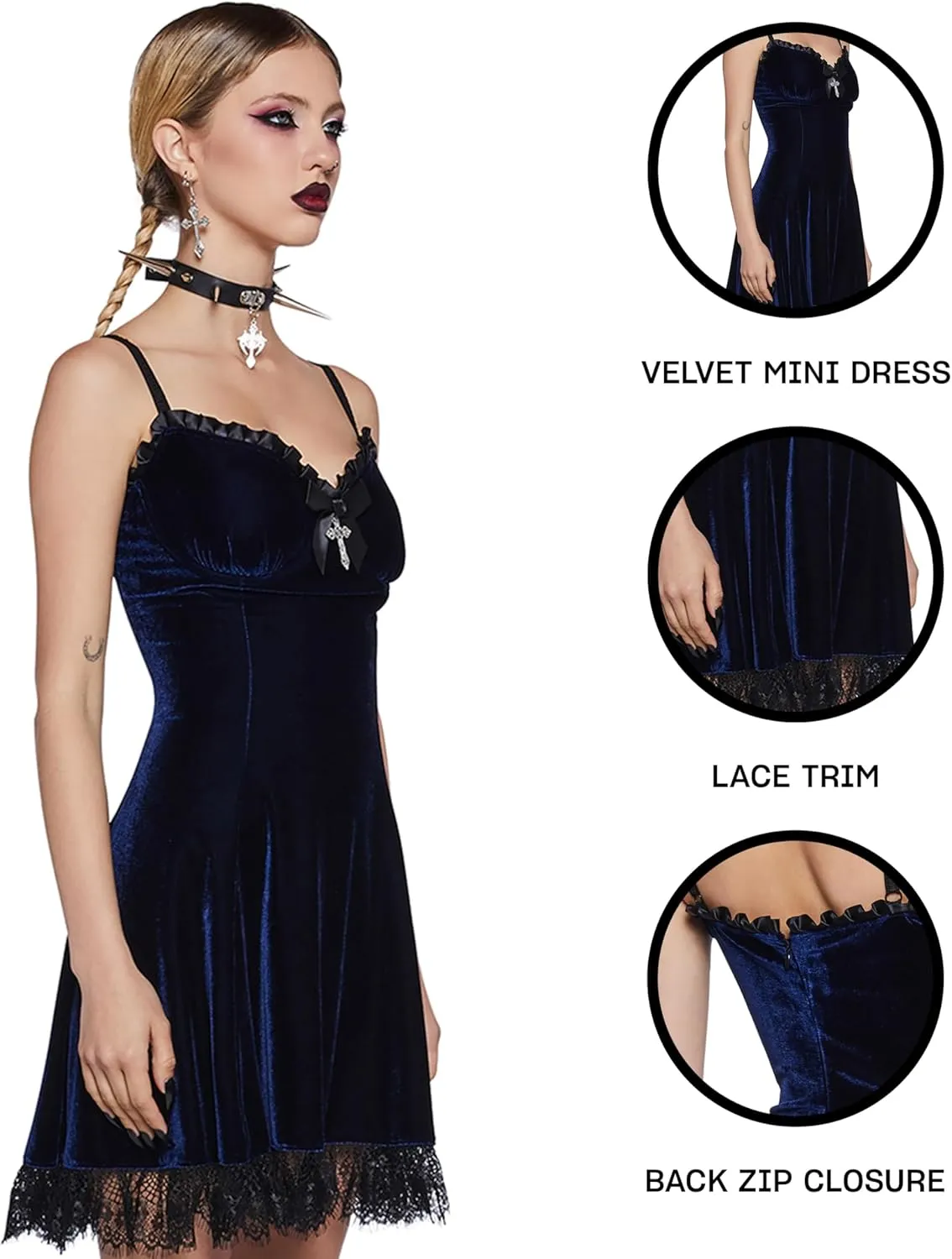 Dolls Kill Blind Faith Velvet Dress by Widow – Velvet Mini Dress with Lace Trim and Cross Design for Dark Romantic Fashion