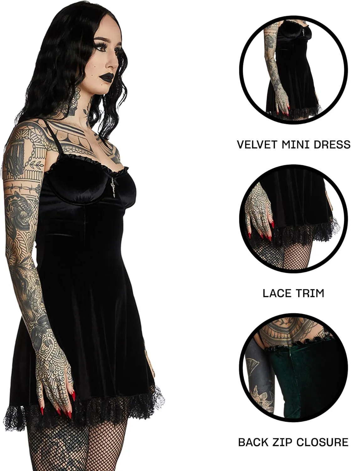 Dolls Kill Blind Faith Velvet Dress by Widow – Velvet Mini Dress with Lace Trim and Cross Design for Dark Romantic Fashion