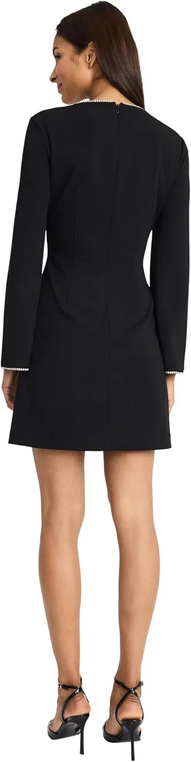 Donna Morgan Women's Long Sleeve V-Neck Mini Beaded Trim Fitted Waist-Elegant Cocktail Dress