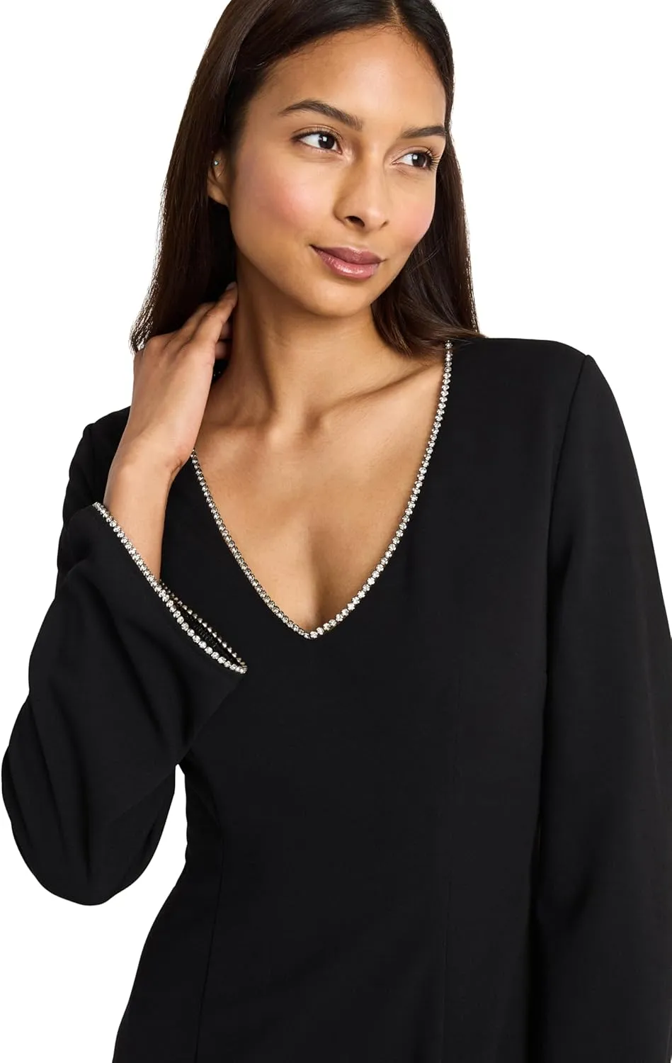 Donna Morgan Women's Long Sleeve V-Neck Mini Beaded Trim Fitted Waist-Elegant Cocktail Dress