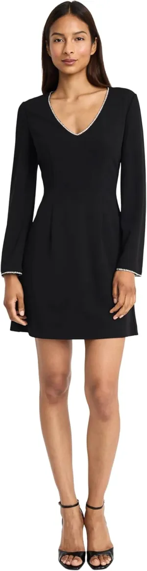 Donna Morgan Women's Long Sleeve V-Neck Mini Beaded Trim Fitted Waist-Elegant Cocktail Dress
