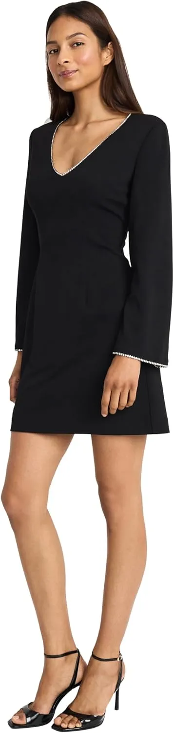 Donna Morgan Women's Long Sleeve V-Neck Mini Beaded Trim Fitted Waist-Elegant Cocktail Dress