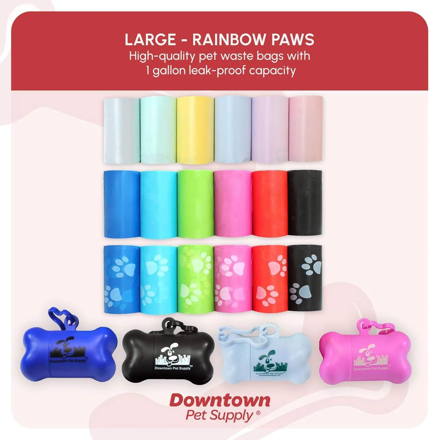 Downtown Pet Supply Rainbow Paw Print Poop Bags (520 CT & 2 Dispensers) - Leak-Proof, Unscented, Clips to Dog Leashes & Harnesses
