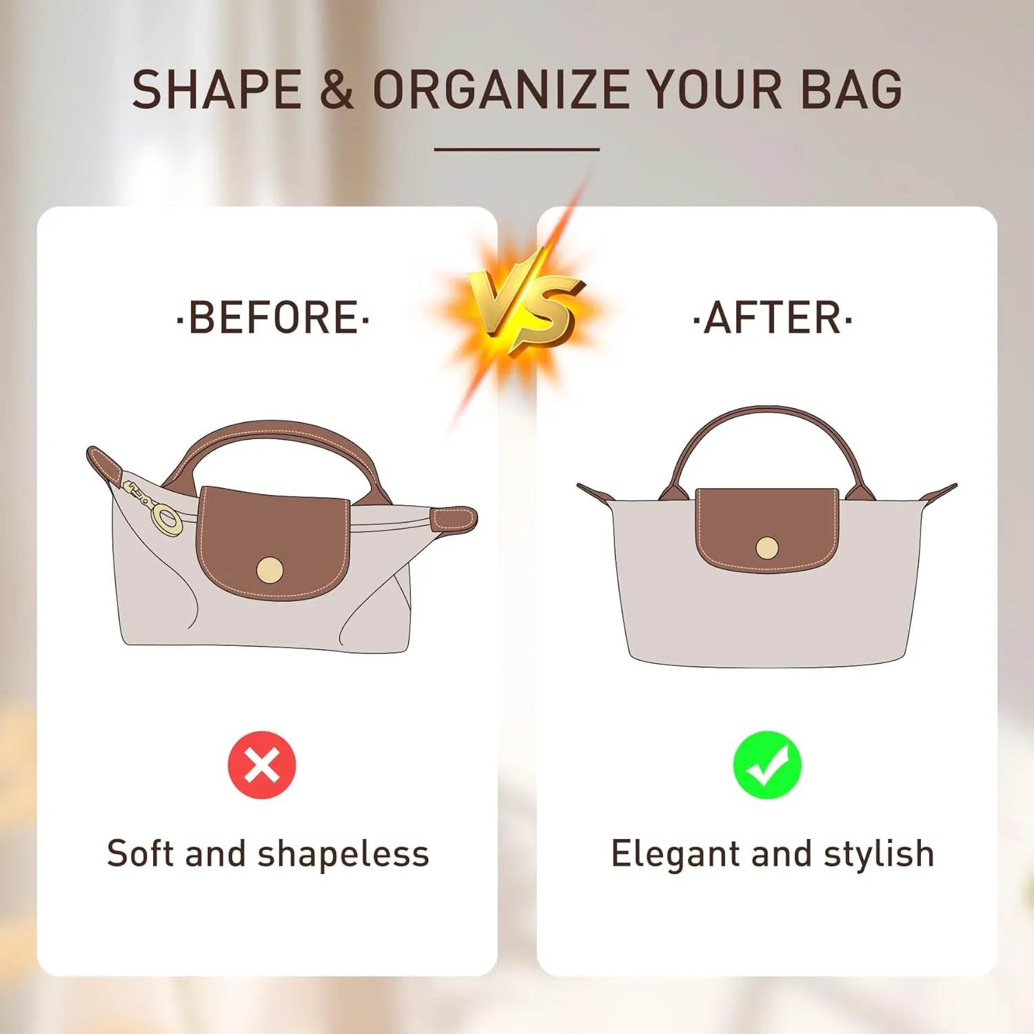 Doxo Longchamp Mini Organizer Insert, Purse Organizer Insert for Le Pliage Mini and More, Lightweight Waterproof DupontPaper Bag Inner Linner Shaper, Keeps Bags Shaped & Neat(White, XS)