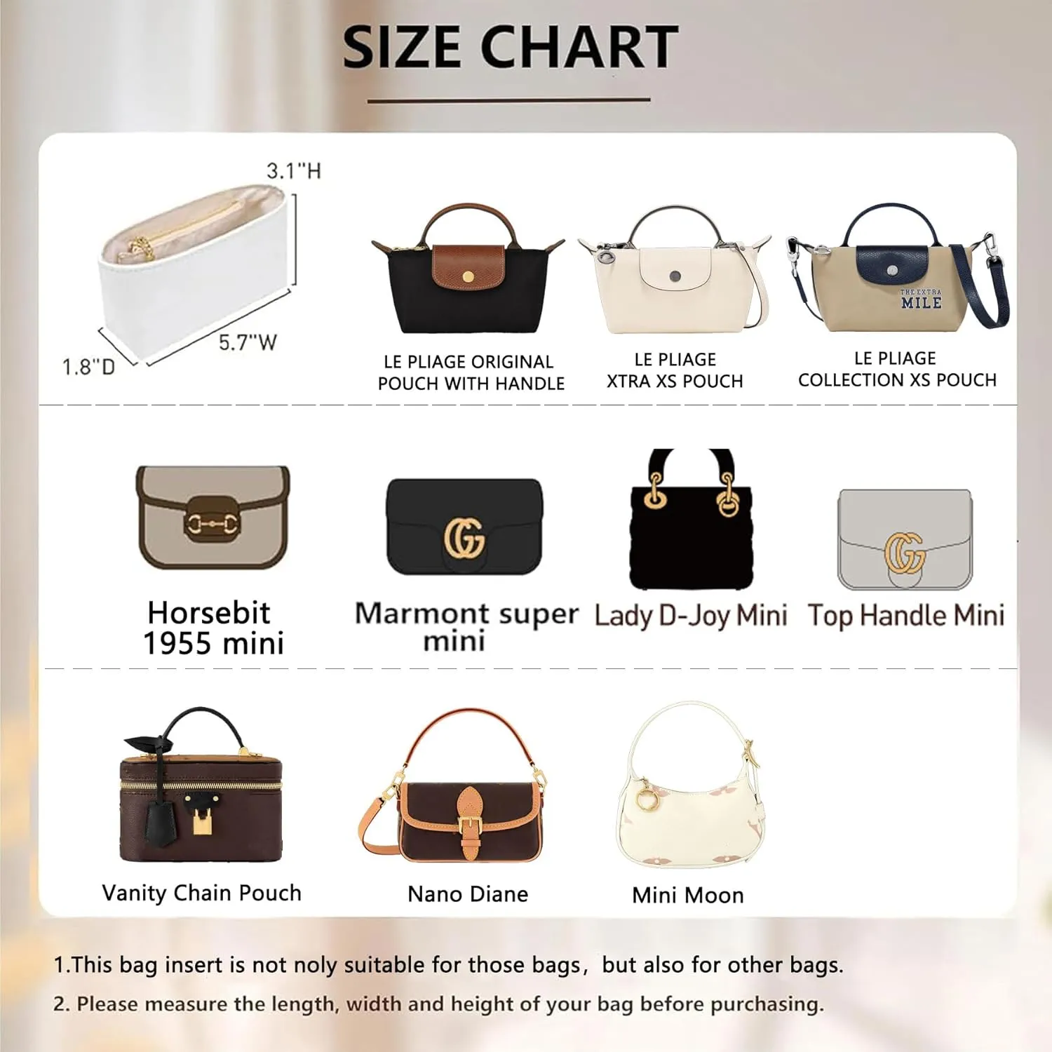 Doxo Longchamp Mini Organizer Insert, Purse Organizer Insert for Le Pliage Mini and More, Lightweight Waterproof DupontPaper Bag Inner Linner Shaper, Keeps Bags Shaped & Neat(White, XS)